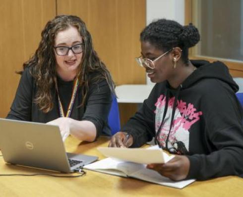 Student sitting with subject librarian at a desk with note paper and a laptop.