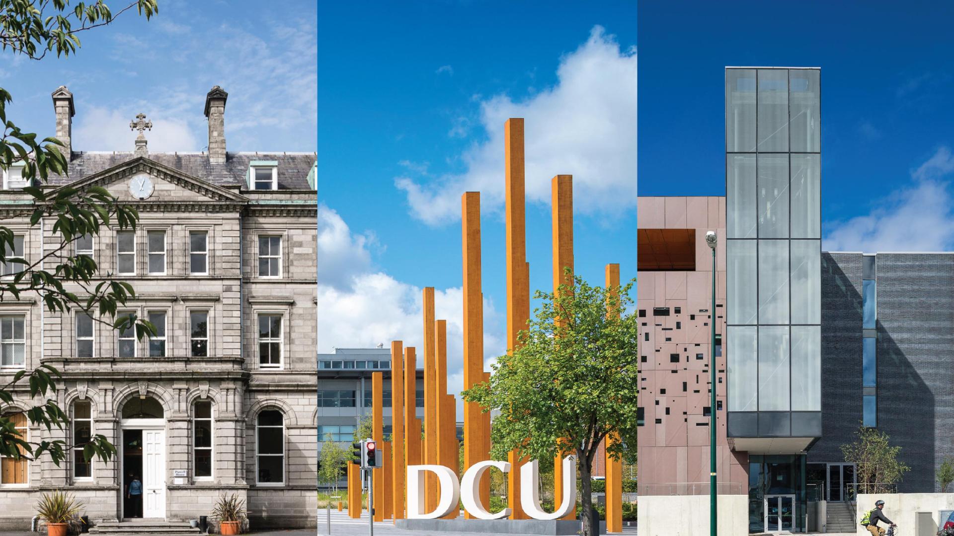 A collage of images showing DCU's three academic campuses